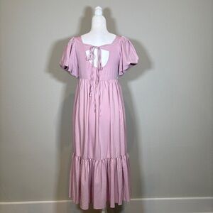 NWT Q2 Light Pink Midi Dress With Puff Sleeves Tie Back Size Small